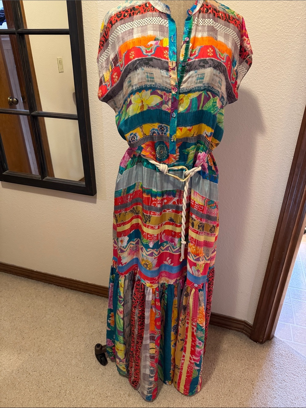 Johnny Was Multicolor Striped Silk Floral Maxi Dress with Teal Accents